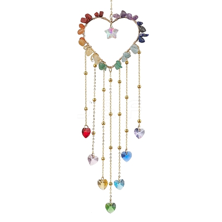 Wire Wrapped Chakra Natural Gemstone Chips Heart Hanging Ornaments HJEW-JM02368-1