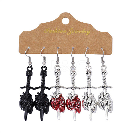 3 Pairs Sword Pierced Heart Dangle Earrings Set AF3404-1