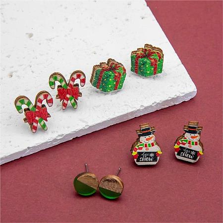 4 Pairs Candy Cane & Snowman & Christmas Gift Printed Wood Stud Earrings EJEW-OY001-01-1