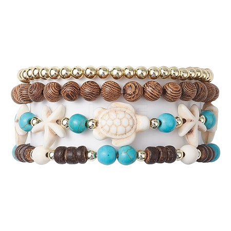 4Pcs 4 Styles Synthetic Turquoise & Coconut & Wood & Non-magnetic Synthetic Hematite Beaded Stretch Bracelet Sets BJEW-JB10720-1