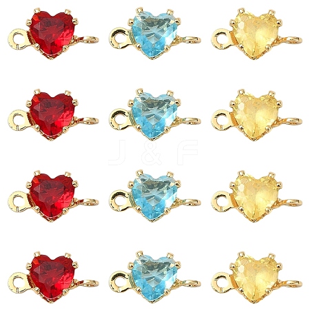 15Pcs 3 Colors Brass Pave Cubic Zirconia Heart Connector Charms KK-YW0004-66-1