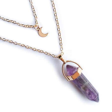 Natural Amethyst Double Terminated Pointed Bullet & Moon Alloy Pendant Double Layer Necklaces for Women WGAD714-02-1