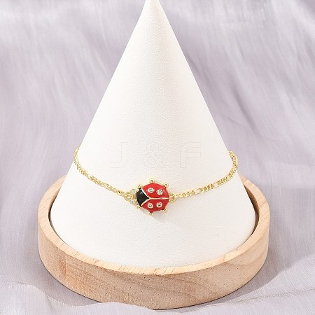 Brass Pave Cubic Zirconia Enamel Red Ladybug Link Bracelets for Women KK-CBA68DA-03G-1