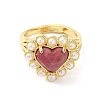 Ion Plating(IP) Natural Mixed Gemstone Heart Adjustable Ring with Plastic Pearl Beaded RJEW-E075-05G-4