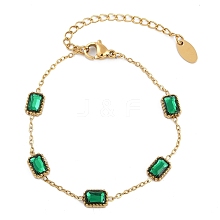 Ion Plating(IP) 304 Stainless Steel Pave Green Glass Rectangle Link Bracelets for Women BJEW-H613-11G