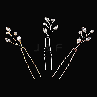 3Pcs 3 Colors Brass Rhinestone Hair Forks MRMJ-LP0001-06-1