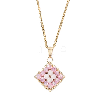 3Pcs 3 Colors Natural Rainbow Moonstone and Handmade Glass Beaded Rhombus Pendant 304 Stainless Steel Cable Chain Necklaces NJEW-MZ00124-1