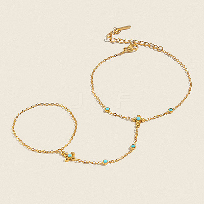 Natural Turquoise 304 Stainless Steel Flower Hand Chain Ring Bracelets for Women EH8478-1