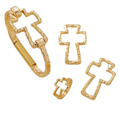 Iron Hammered Hollow Cross Hinge Bangles & Earrings & Rings Sets for Women WGA1E3C-01-1