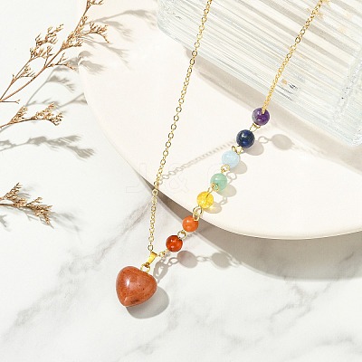 Chakra Natural Mixed Stone Heart Pendant Brass Cable Chain Necklaces for Women NJEW-JN06267-1