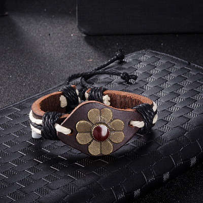 Adjustable Casual Unisex Flower Leather Bracelets BJEW-BB15621-1