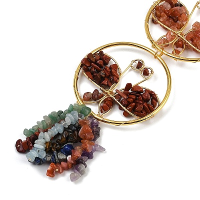 Ring with Butterfly Brass & Chakra Natural Gemstone Chips Pendant Decorations HJEW-Z007-02G-1