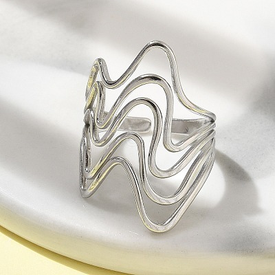 304 Stainless Steel Wave Open Cuff Ring for Women RJEW-M025-01P-1