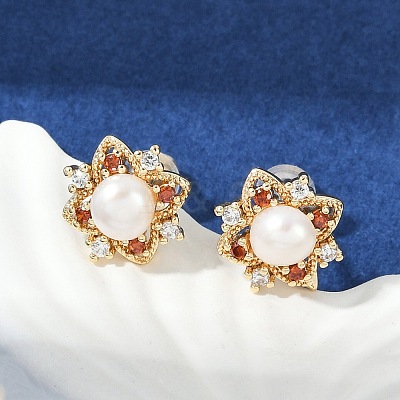 Brass Imitation Pearl Stud Earrings KK-D301-07G-1
