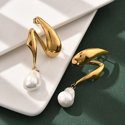 304 Stainless Steel Shell Pearl Stud Earrings for Women EJEW-U051-07G-1