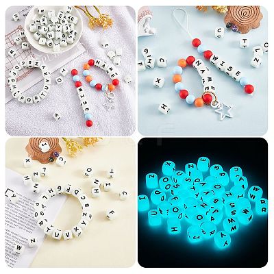 20Pcs Luminous Cube Letter Silicone Beads 12x12x12mm Square Dice Alphabet Beads with 2mm Hole Spacer Loose Letter Beads for Bracelet Necklace Jewelry Making JX437M-1