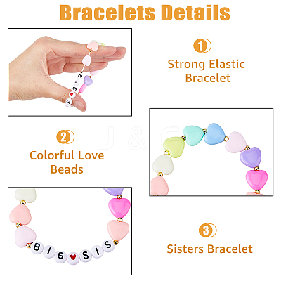 4Pcs 4 Styles Word Big Little Sis Acrylic Heart Beaded Stretch Bracelets Set BJEW-FI0001-54-1