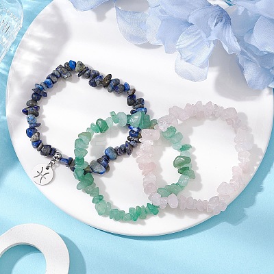 3Pcs 3 Styles Natural Green Aventurine & Rose Quartz & Lapis Lazuli Chips Stretch Bracelets Sets BJEW-JB11076-02-1