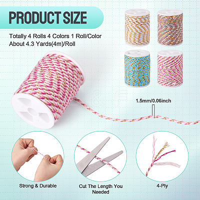4 Rolls 4 Colors 4-Ply Polycotton Cord with Metallic Thread OCOR-TA0003-33C-1