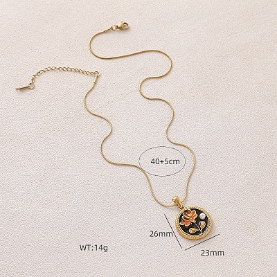316 Surgical Stainless Steel Enamel with Imitation Pearl Flat Round with Flower Pendant Necklaces for Women AK2795-1