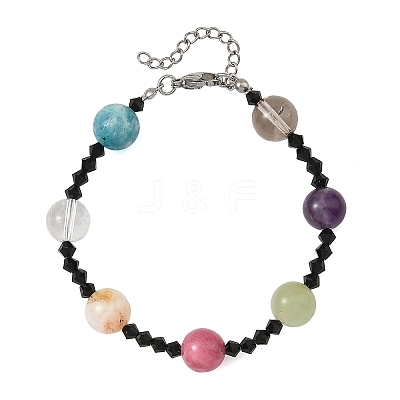 Round Natural Mixed Stone and Black Bicone Glass Beaded Bracelets for Women BJEW-TA00752-1