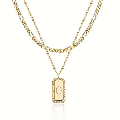 Brass Micro Pave Clear Cubic Zirconia Rectangle with Initial Pendant Double Layer Necklaces for Women FS-WG478B5-15-1