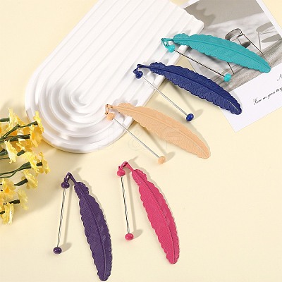 11Pcs 11 Colors Spray Printed Alloy Feather Pendant Bookmarks AJEW-SZ0002-64-1