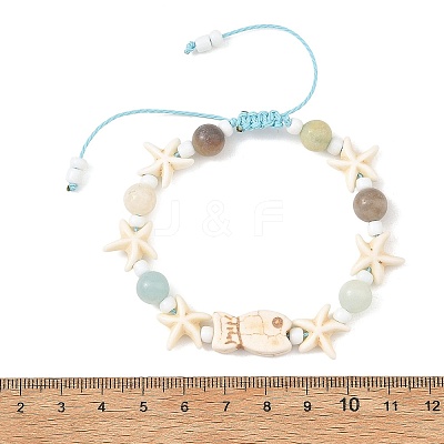 Ocean Synthetic Turquoise Fish Starfish and Natural Flower Amazonite Round Braided Bead Bracelets BJEW-JB14477-1
