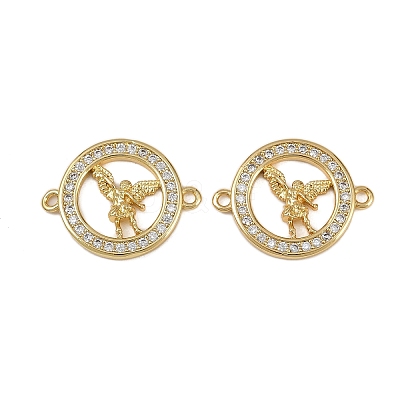 Brass Micro Pave Clear Cubic Zirconia Ring with Angel Connector Charms KK-I358-047G-1