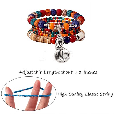 5Pcs 5 Style Wood & Glass Seed & Acrylic Beaded Stretch Bracelets Set with Baseball JB709B-1