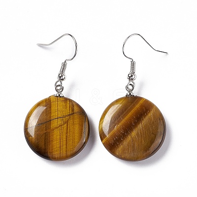 Natural Tiger Eye Flat Round Dangle Earrings EJEW-D188-03P-07-1