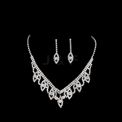 Leaf Brass Pave Clear Cubic Zirconia & Rhinestone Pendant Necklaces & Stud Earrings Sets FS-WG35E42-01-1