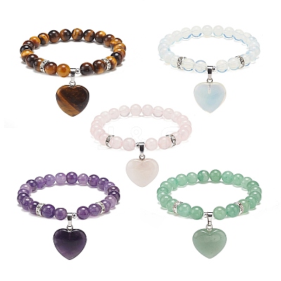 Gemstone Round Beaded Stretch Bracelet with Heart Charm for Women BJEW-JB09019-1