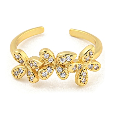 Flower Rack Plating Brass Micro Pave Cubic Zirconia Open Cuff Rings for Women RJEW-N047-01G-03-RS-1