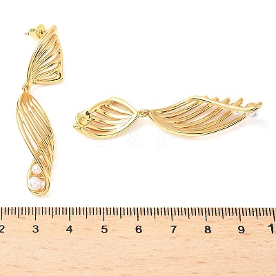 Line Brass Imitation Pearl Dangle Stud Earrings EJEW-M084-01G-1