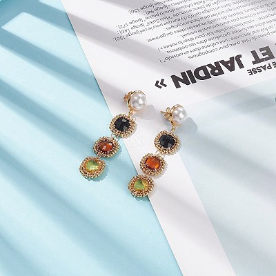 Glass Rectangle Beaded Long Dangle Stud Earrings with Imitation Pearl EJEW-TA00141-02-1