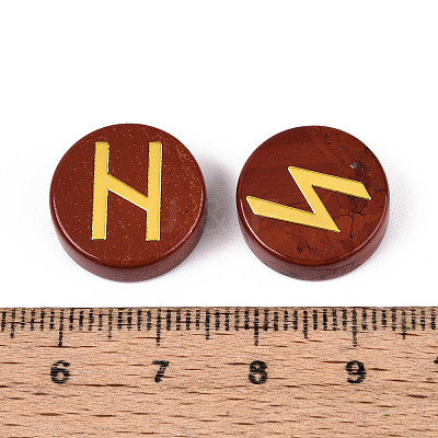 Brass Elder Futhark Alphabet Engraved Symbol Flat Round Natural Red Jasper Rune Stones G-I373-01C-1