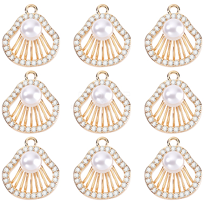 10Pcs Brass Micro Pave Clear Cubic Zirconia and ABS Imitation Pearl Pendants KK-BBC0023-98-1