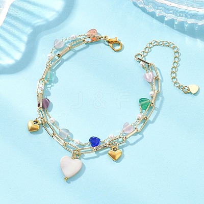 Brass Paperclip Chain & Cat Eye Heart & Plastic Pearl Beaded Chain Double Layers Bracelets for Women BJEW-JB13567-1