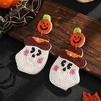 Halloween Style Ghost Pattern Glass Bead Handmade Stud Earrings for Women GN2151-1