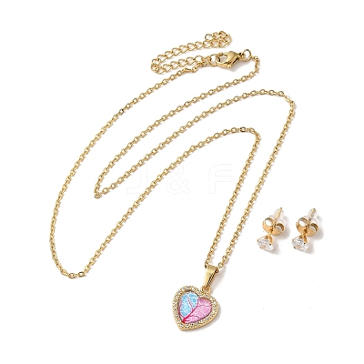 Clear Cubic Zirconia Heart with Acrylic Tree Pendant Necklace & Diamond Stud Earrings SJEW-M099-03G-1