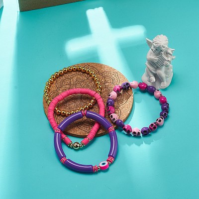 4Pcs 4 Style Acrylic Evil Eye & Plastic Skull & Synthetic Hematite Beaded Stretch Bracelets Set BJEW-JB08896-1