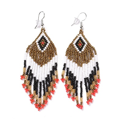 Glass Seed Braided Rhombus with Tassel Chandelier Earrings EJEW-H084-01P-1