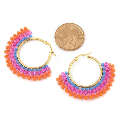 304 Stainless Steel & Bohemian Beaded Fan Hoop Earrings for Women EJEW-R001-01G-05-1