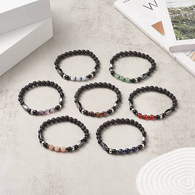 7Pcs 7 Style Natural & Synthetic Mixed Gemstone & Alloy Beaded Stretch Bracelets Set for Women BJEW-JB09235-1