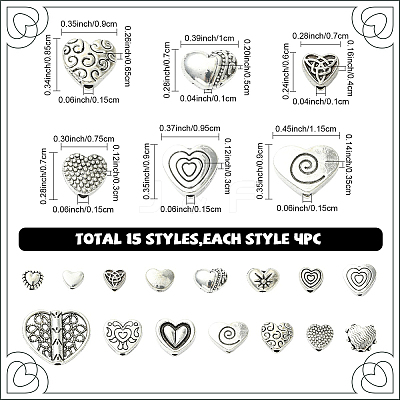 60Pcs 15 Styles Tibetan Style Alloy Beads FIND-YW0010-09-1