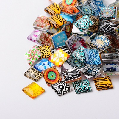 Mosaic Printed Glass Square Cabochons GGLA-N001-10mm-G-1