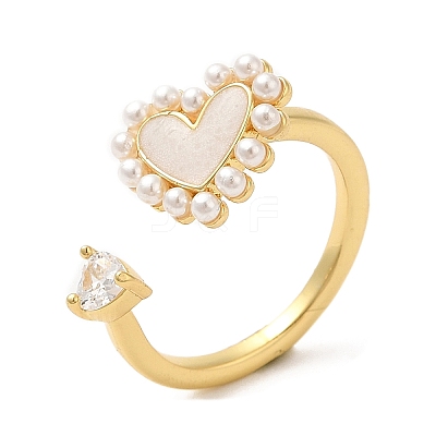Cubic Zirconia Heart Open Cuff Ring with ABS Plastic Pearl Beaded RJEW-M148-05G-1