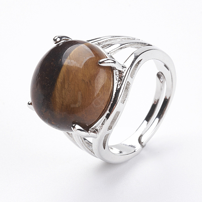 Adjustable Natural Tiger Eye Finger Rings X-RJEW-F075-01A-1