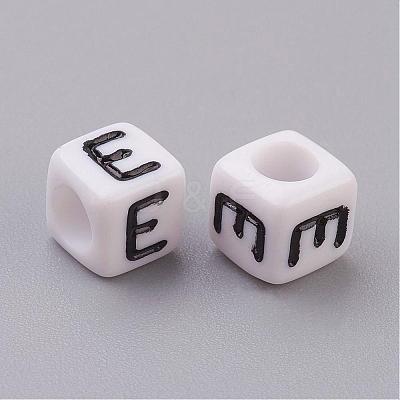 White Letter E Cube Acrylic Beads X-PL37C9308-E-1